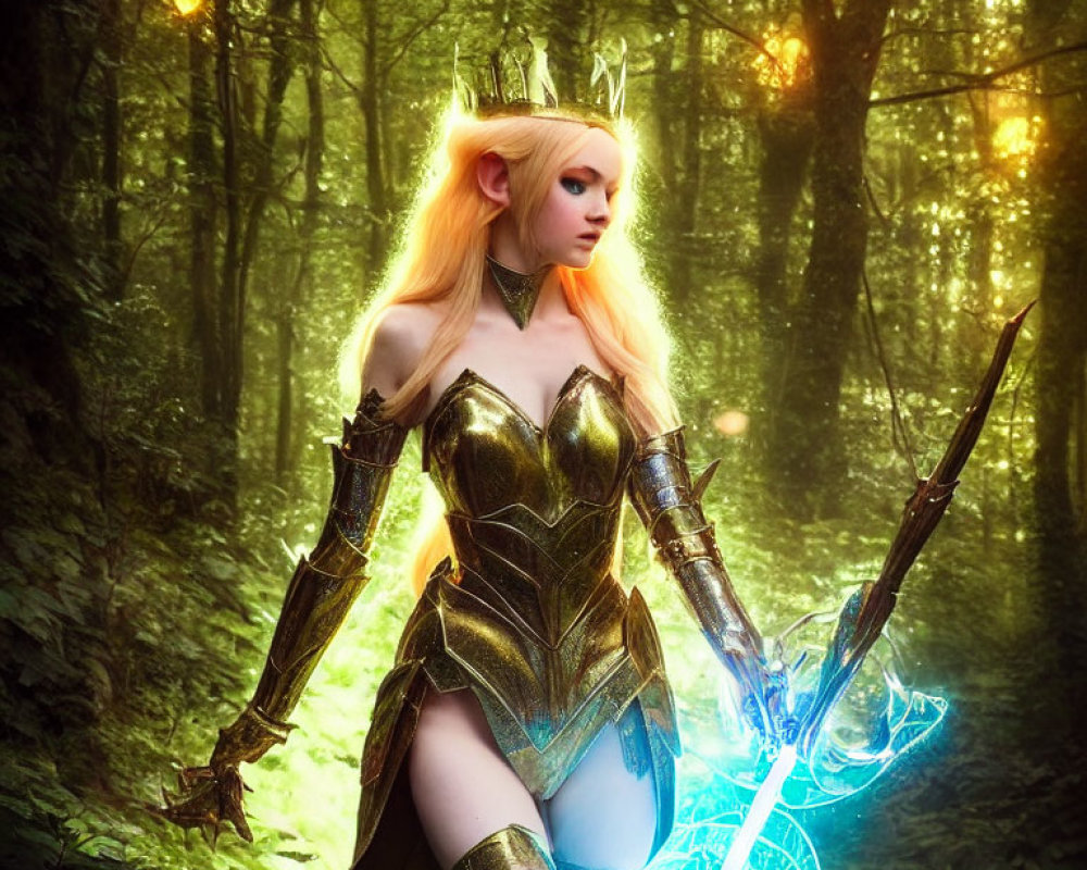 Regal fantasy character with glowing crown and weapon in sunlit forest