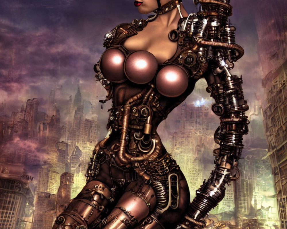 Steampunk-inspired Female Android in Futuristic Cityscape