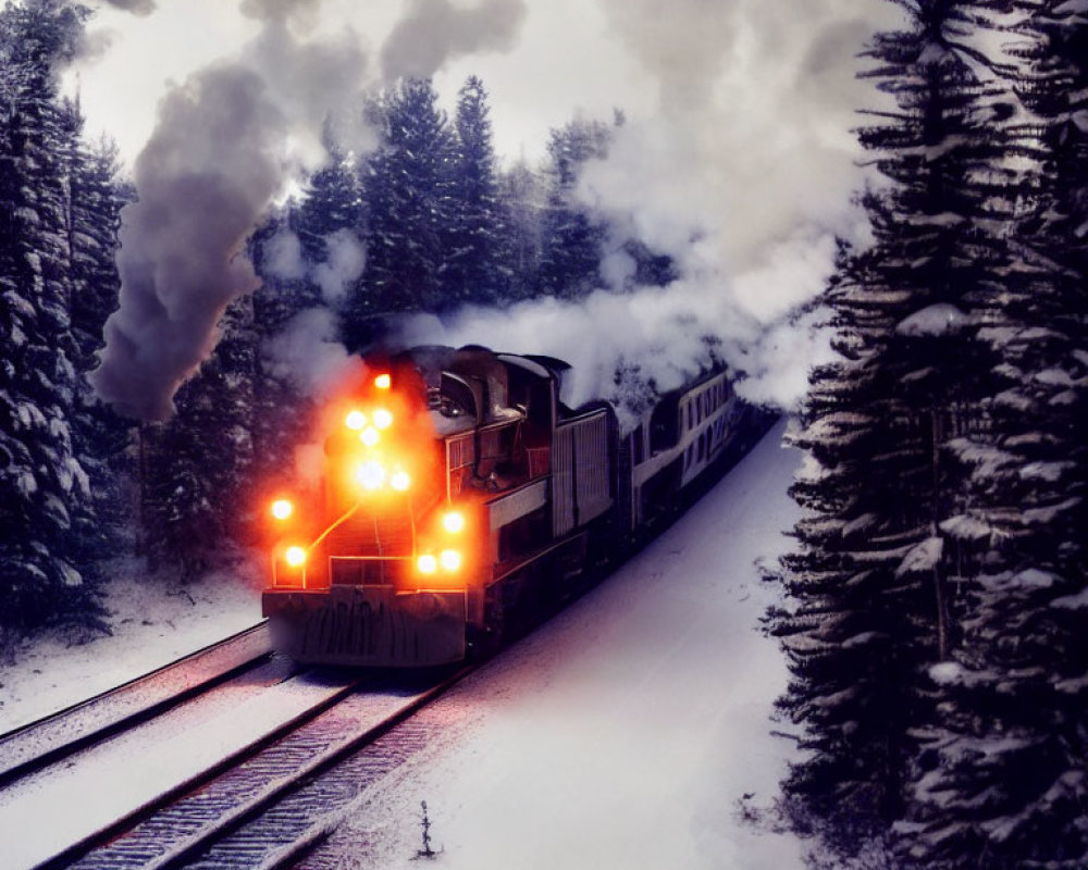 Snowy forest train with illuminated headlights in dusky sky