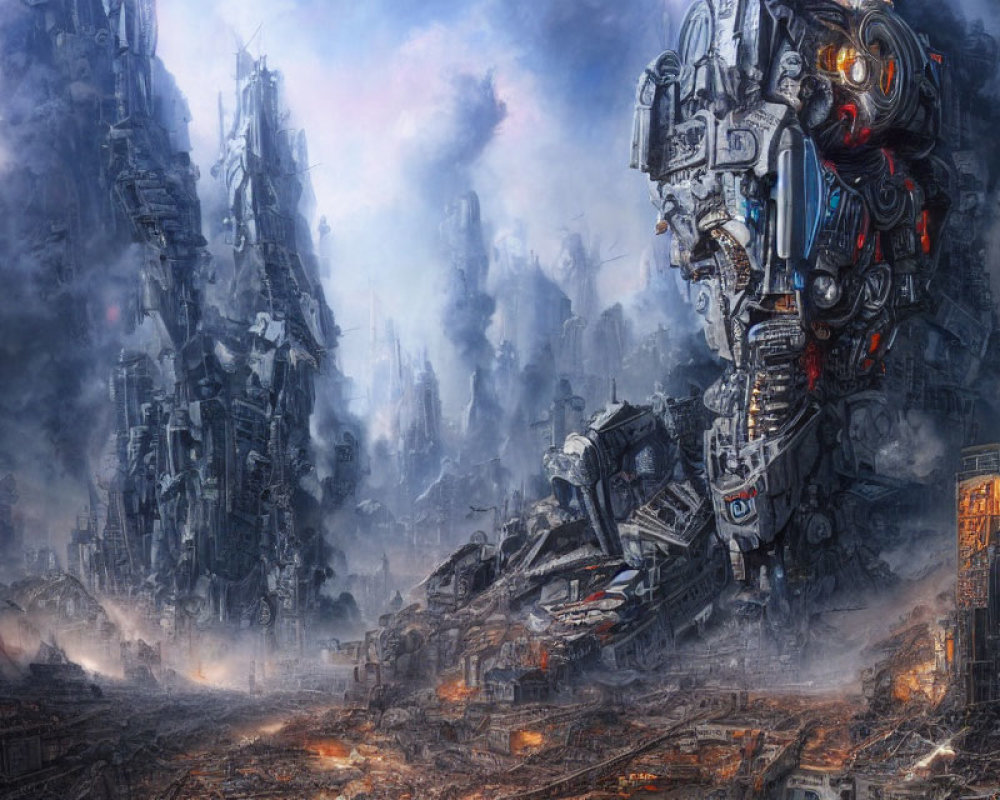 Dystopian landscape with towering ruins and fallen robot in smoky sky