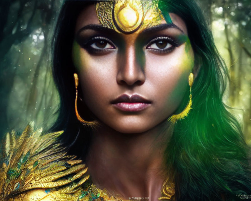 Woman with Striking Green Eyes in Ornate Golden Makeup & Jewelry in Mystical Forest