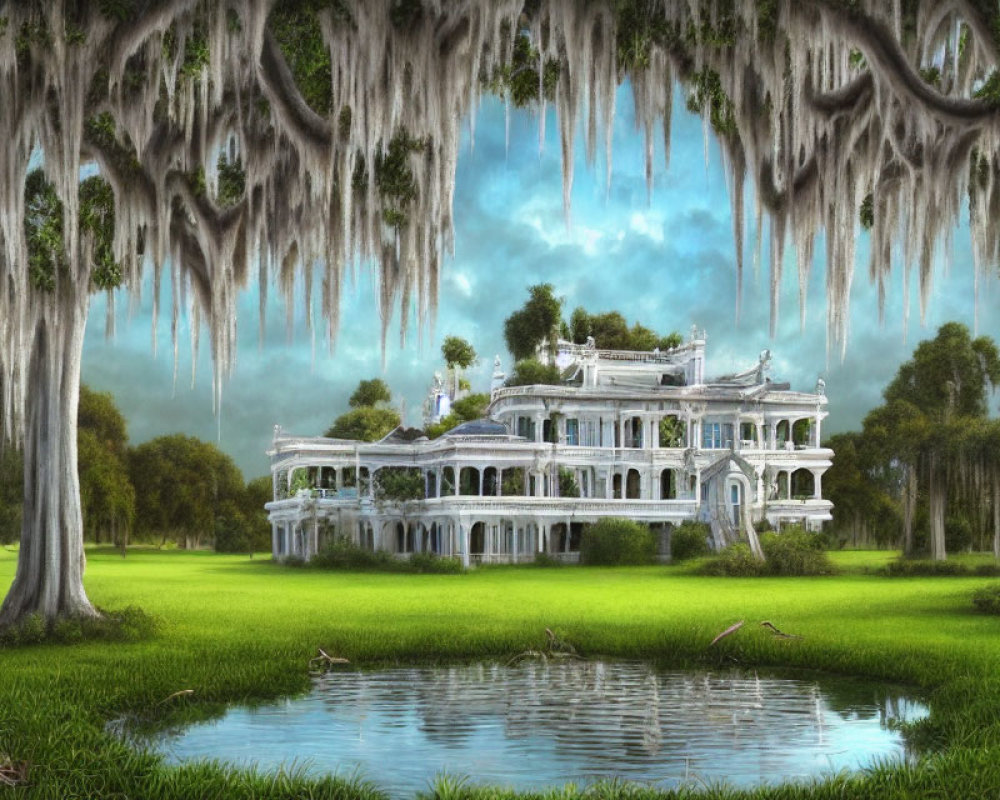 White mansion with balconies and lush greenery by serene pond