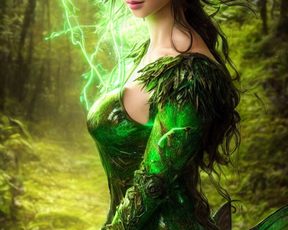 Green Glowing Fairy in Nature-Inspired Outfit