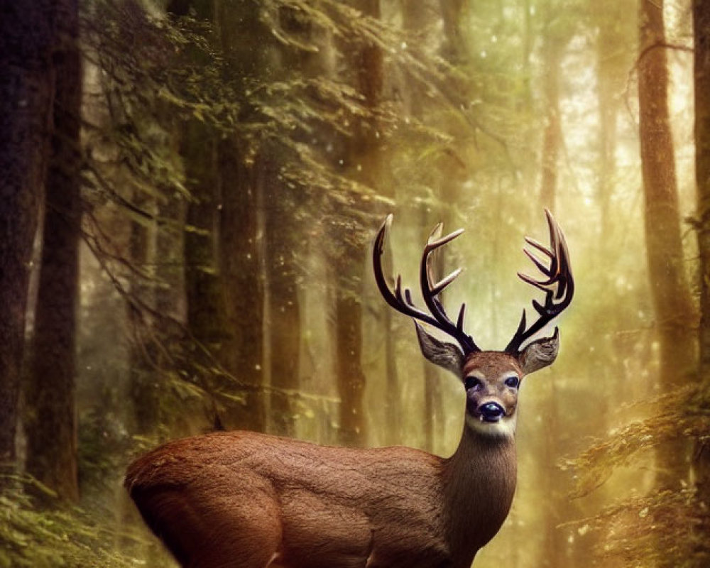 Majestic deer with large antlers in sunlit forest