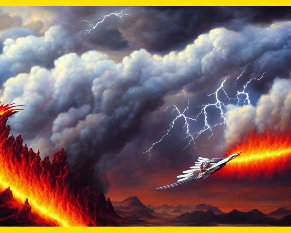 White dragon flying over fiery landscape under storm clouds