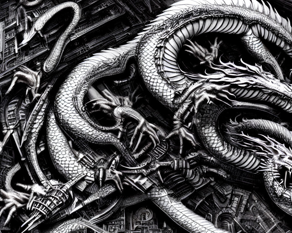 Detailed Black and White Image: Serpentine Dragons Among Mechanical Structures