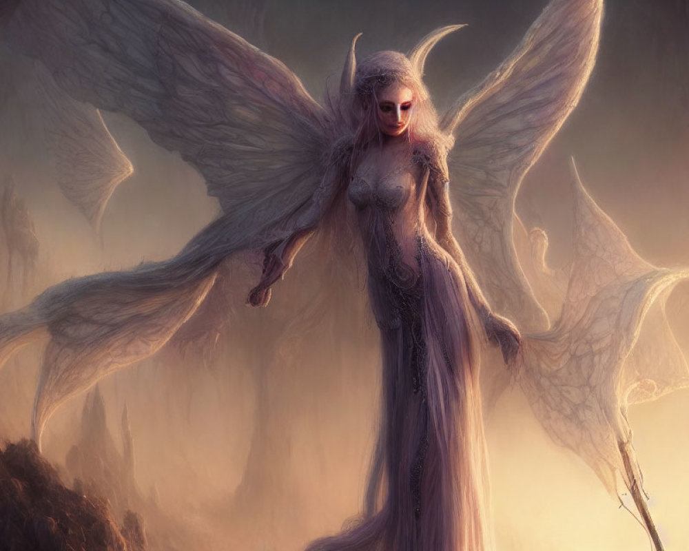 Mystical fairy with expansive wings in ethereal landscape