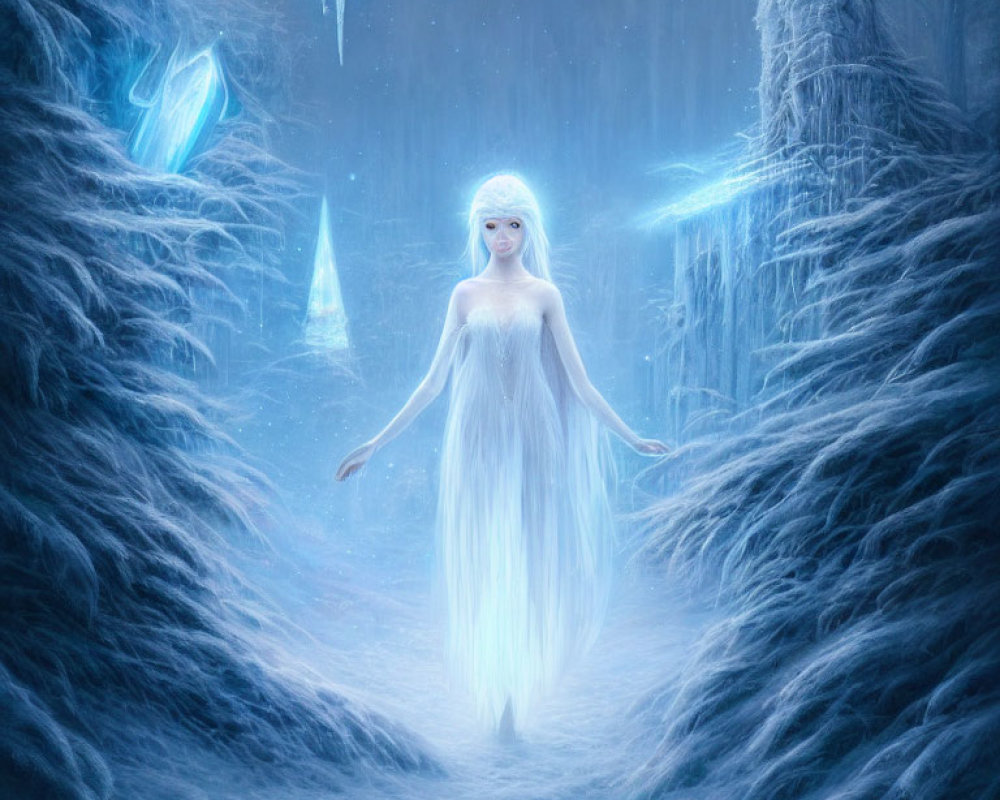 Glowing figure with white hair in snowy enchanted forest