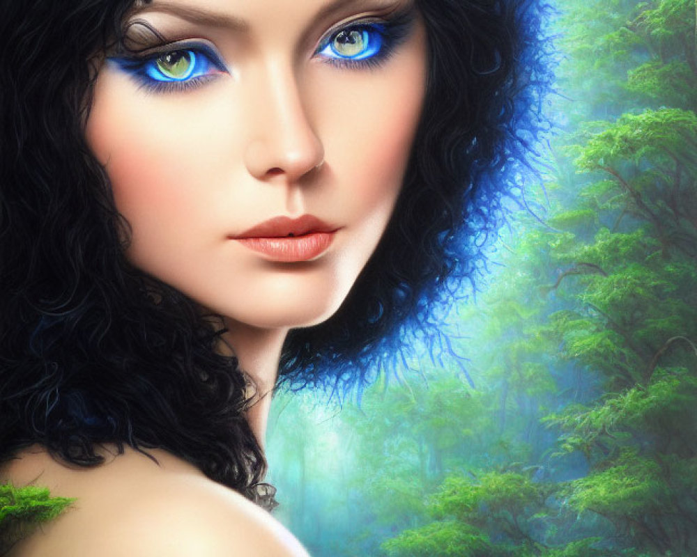 Digital artwork: Woman with blue eyes, black hair, pale skin, mystical green forest.