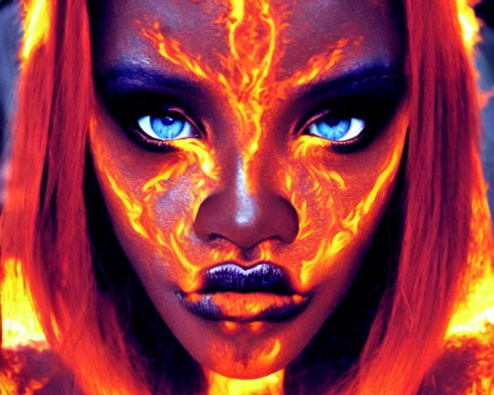 Fiery orange and yellow face paint with blue eyes and red hair