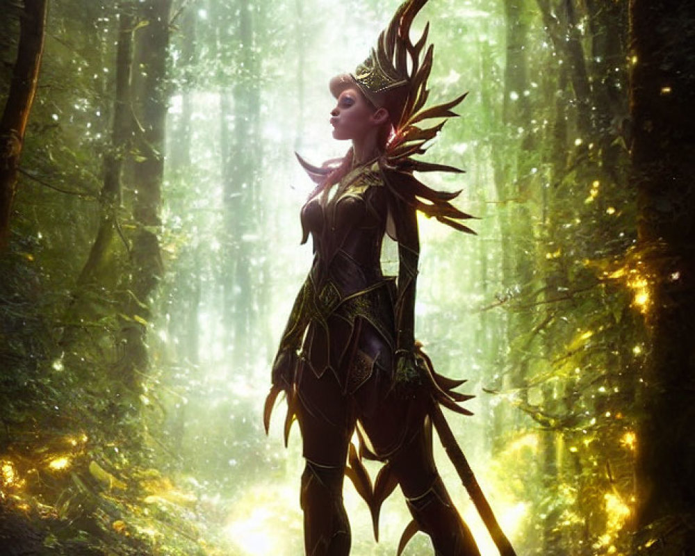 Fantasy female character in elaborate armor in enchanted forest