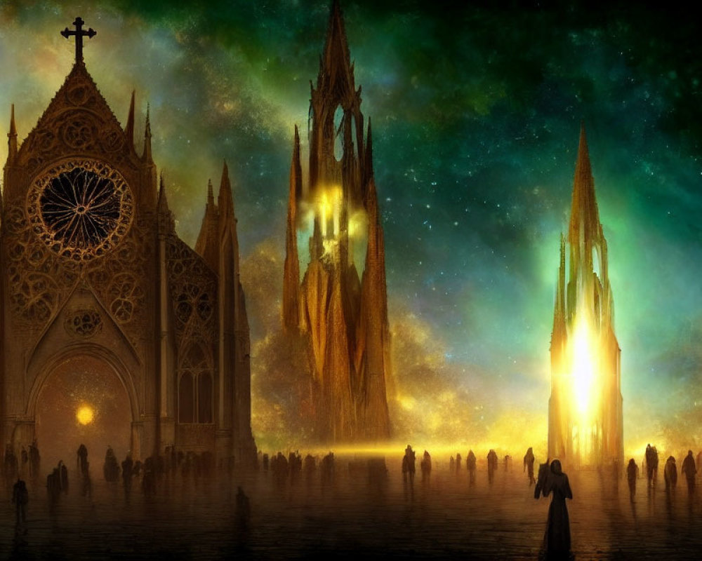 Gothic Cathedrals with Glowing Windows and Starry Sky