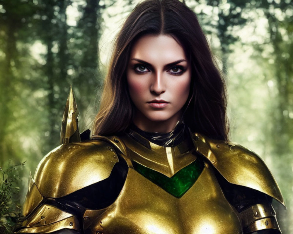 Woman in Golden Armor with Green Gemstone Stands Assertively in Misty Forest