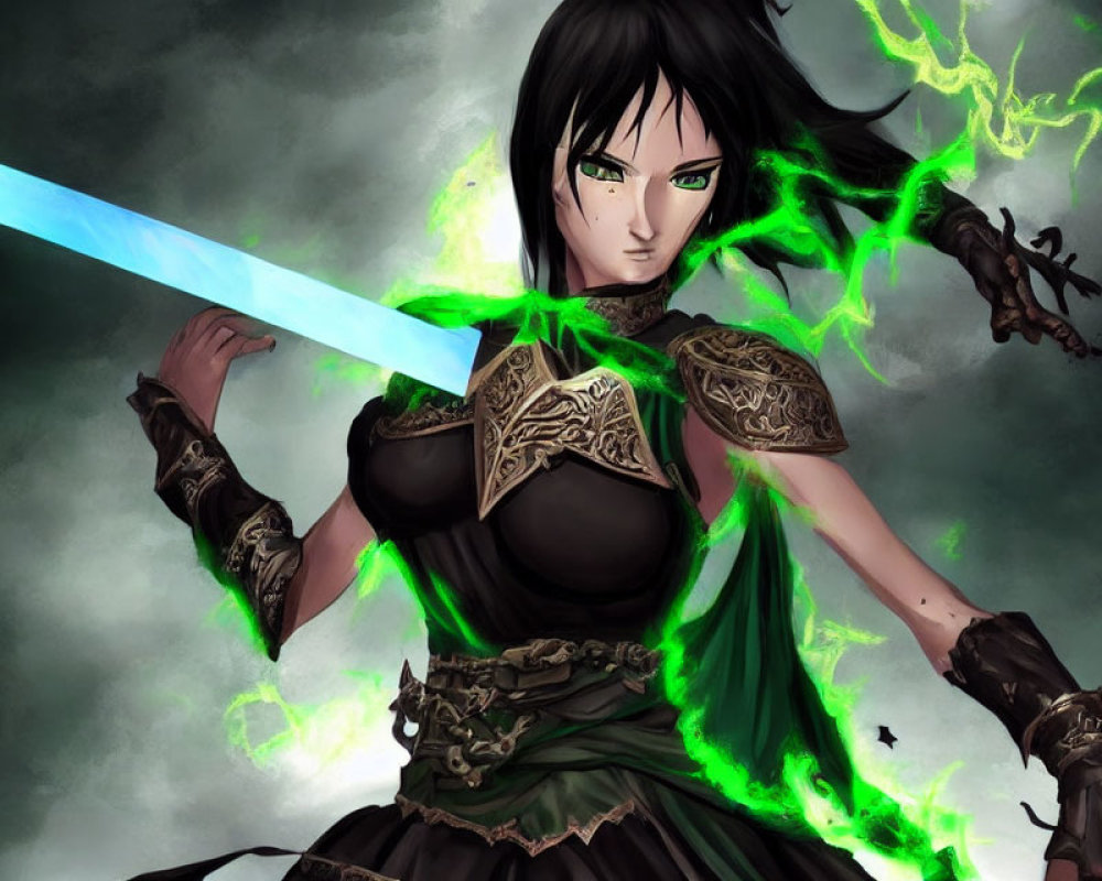 Female warrior with green eyes wielding glowing blue sword and green magical energy.