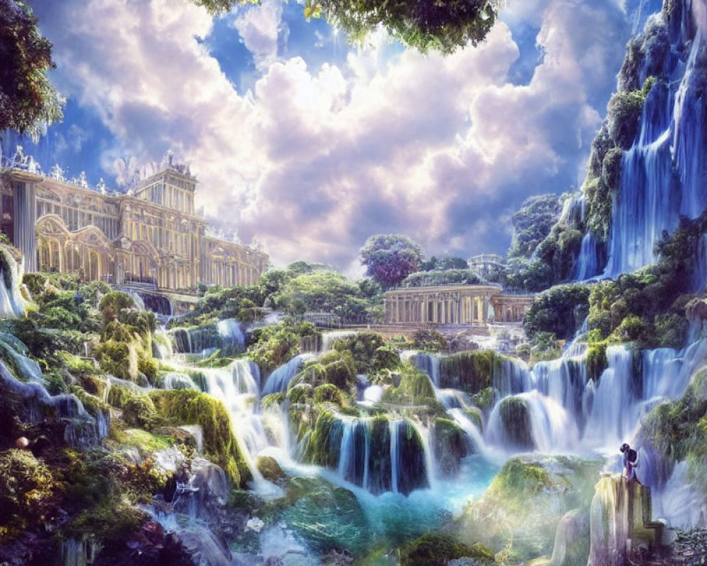 Opulent palace in fantasy landscape with cascading waterfalls