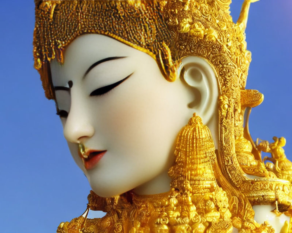 Serene Asian-style female figure statue under clear blue sky