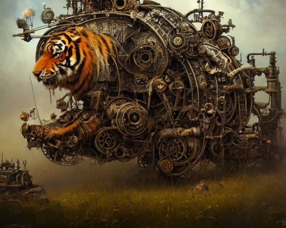 Intricate mechanical tiger in surreal steampunk landscape