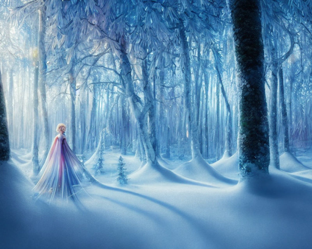 Woman in flowing gown in serene snow-covered forest with frosted trees and blue hues