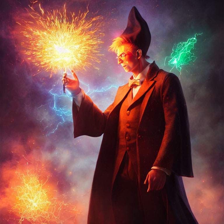 Wizard casting spell with sparkles and electricity against magical backdrop