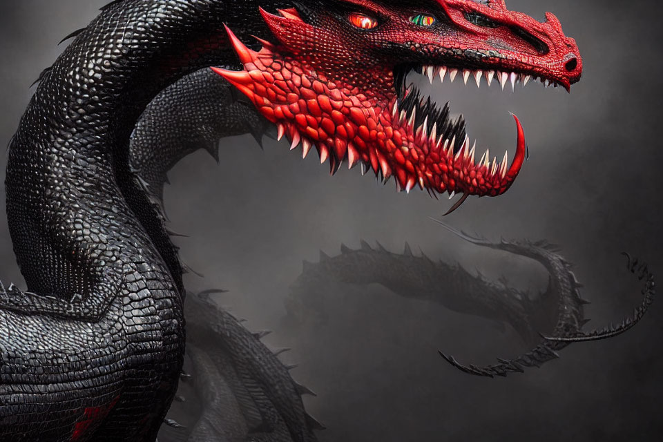 Red and Black Dragon with Glowing Eyes and Sharp Teeth on Dark Background