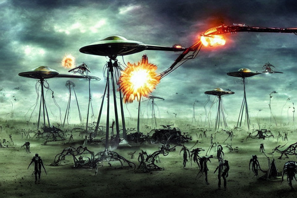 Alien Invasion Scene: Tall Tripod War Machines on Desolated Landscape