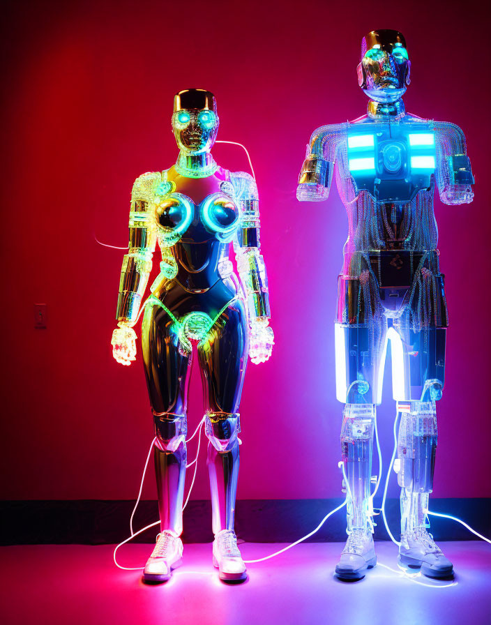 Transparent humanoid robots illuminated on red backdrop