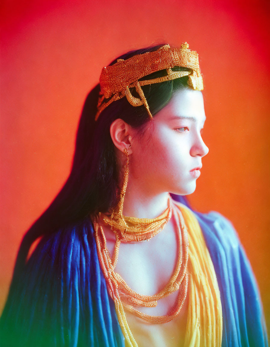 Person in Golden Crown and Colorful Outfit on Orange Background