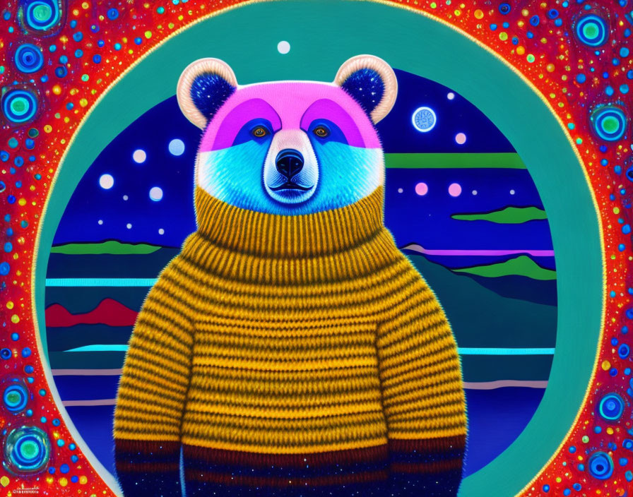 Colorful Bear Painting in Yellow and Orange Striped Sweater on Psychedelic Background