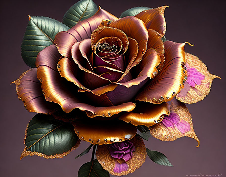 Detailed digital artwork: Shimmering bronze rose with droplets on petals