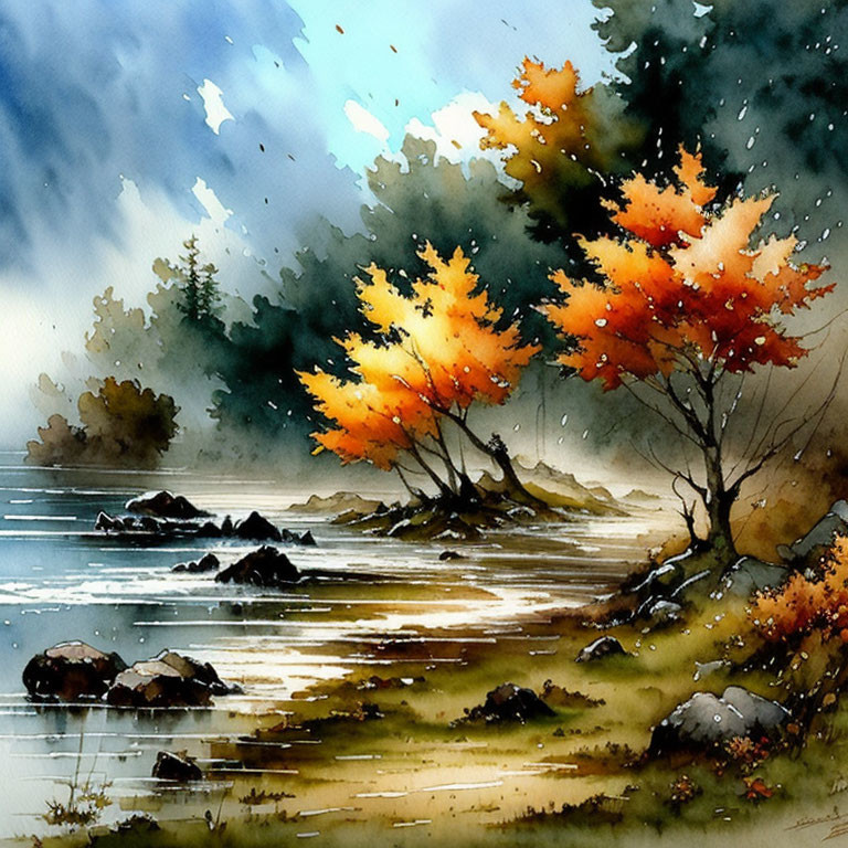 Serene riverside scene with autumn trees in vibrant watercolor