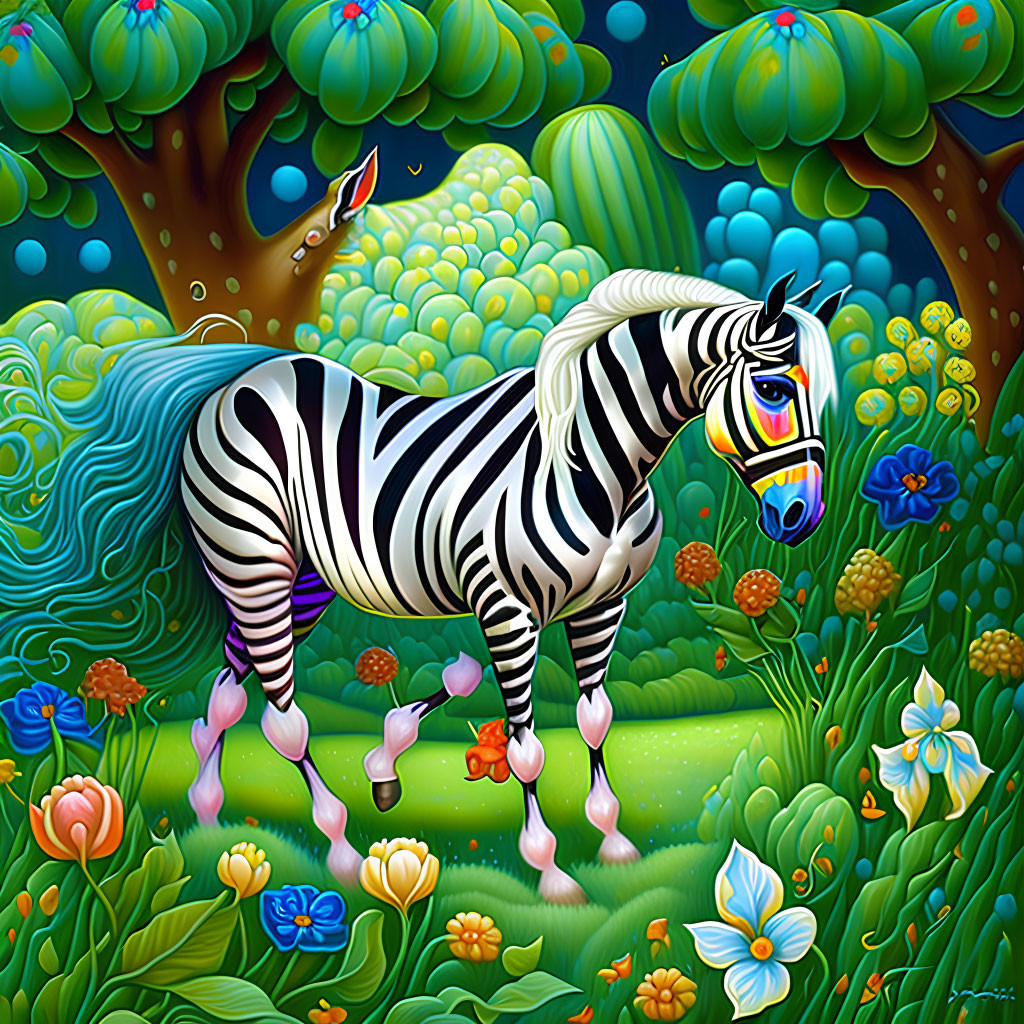 Vibrant zebra painting with exaggerated flora under starry sky