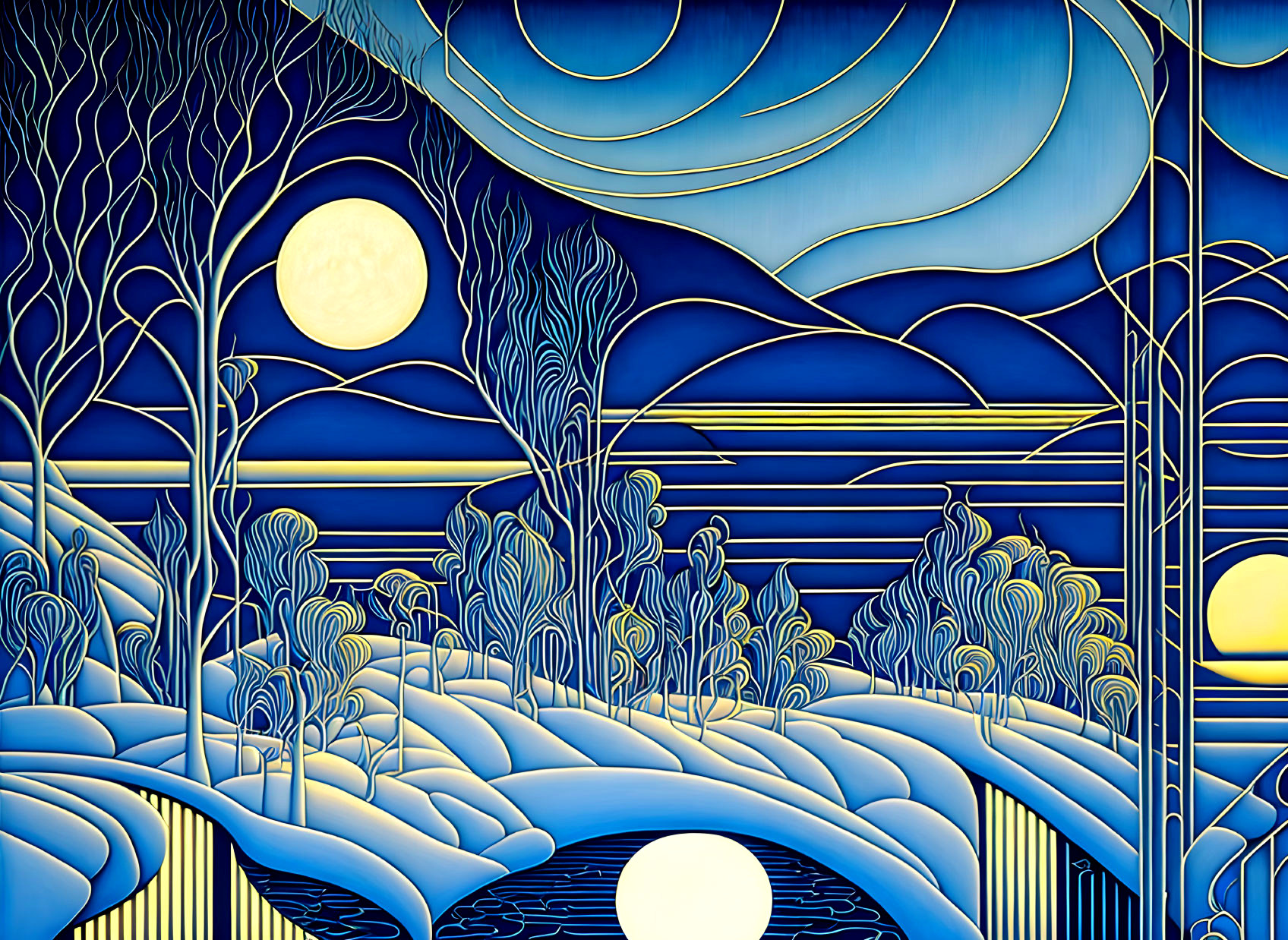 Abstract landscape art with trees, flowing lines, hills, water, blue and yellow colors, and sun