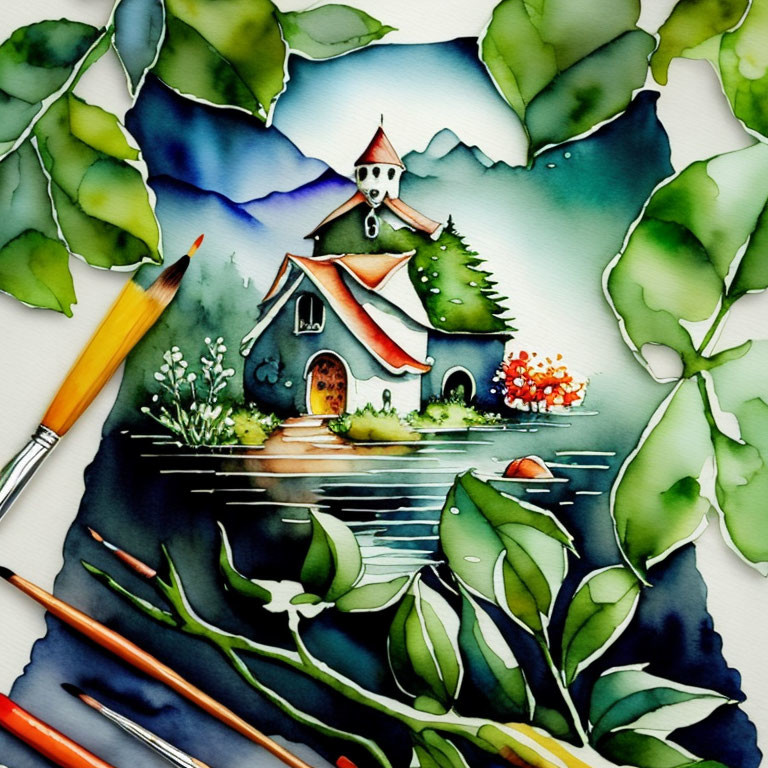 Scenic watercolor painting of house by lake with mountains