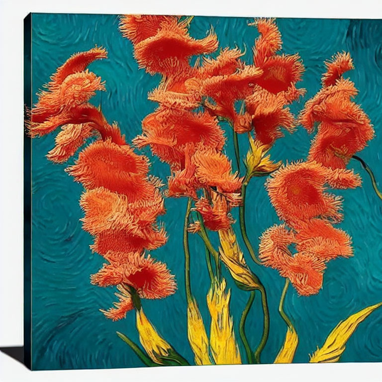 Vibrant red celosia flowers on textured turquoise background in impressionistic style