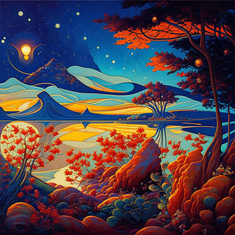 Colorful Landscape Painting with Blue Mountains and Starry Night Sky