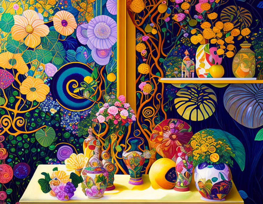 Colorful Flower and Plant Painting with Patterned Vases and Swirling Background