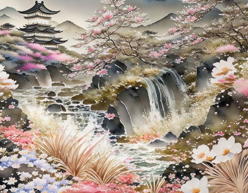 Traditional Asian Painting: Pagoda in Misty Mountains & Cherry Blossoms