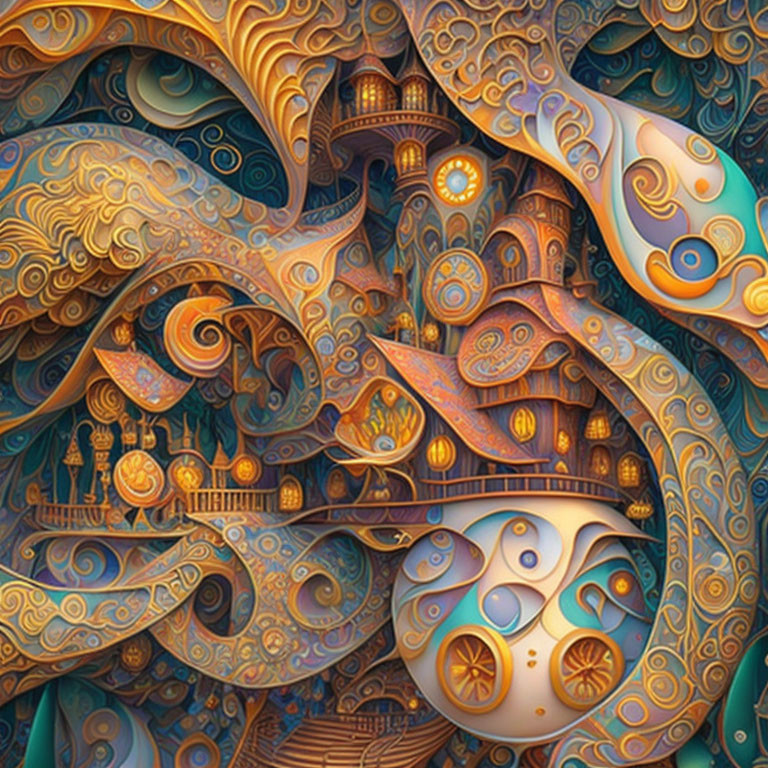 Abstract swirls and warm colors in intricate fantasy architecture.