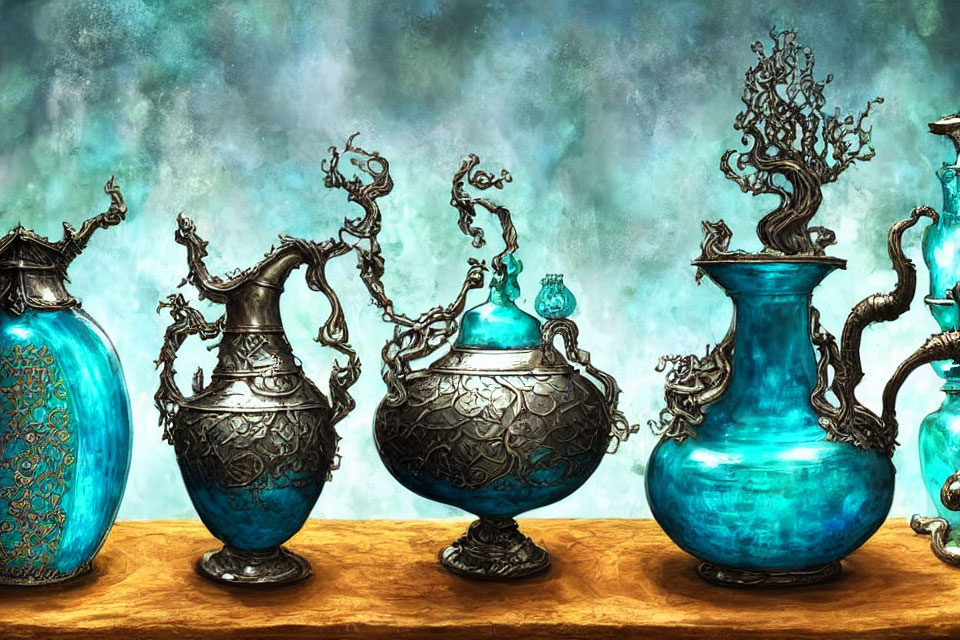 Intricately Designed Turquoise and Silver Vases on Azure Background