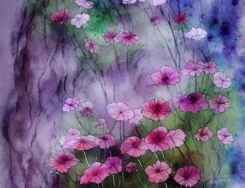 Purple and Pink Flower Watercolor Painting with Delicate Stems