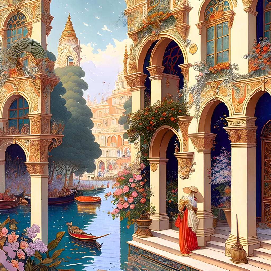 Woman in Red Dress by Ornate Archways Overlooking Canal & Fairytale Castle