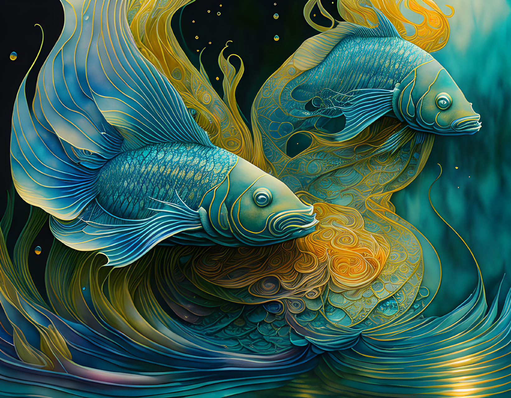 Colorful digital art of two fish in ornate fins and tails amidst golden and teal patterns