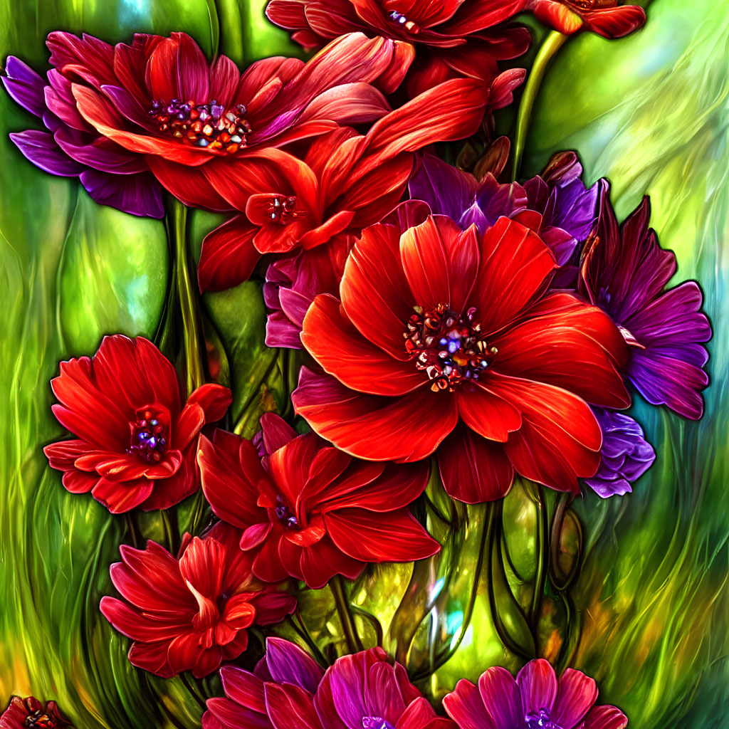 Detailed Red Flower Petals Against Green Background with Soft Light