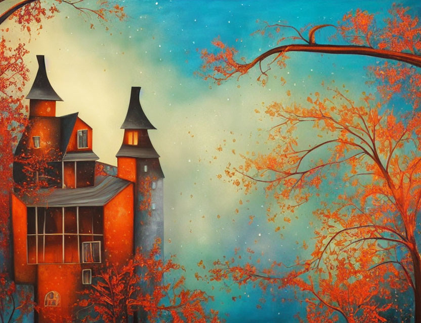 Vibrant autumn trees painting with tall house and starry sky