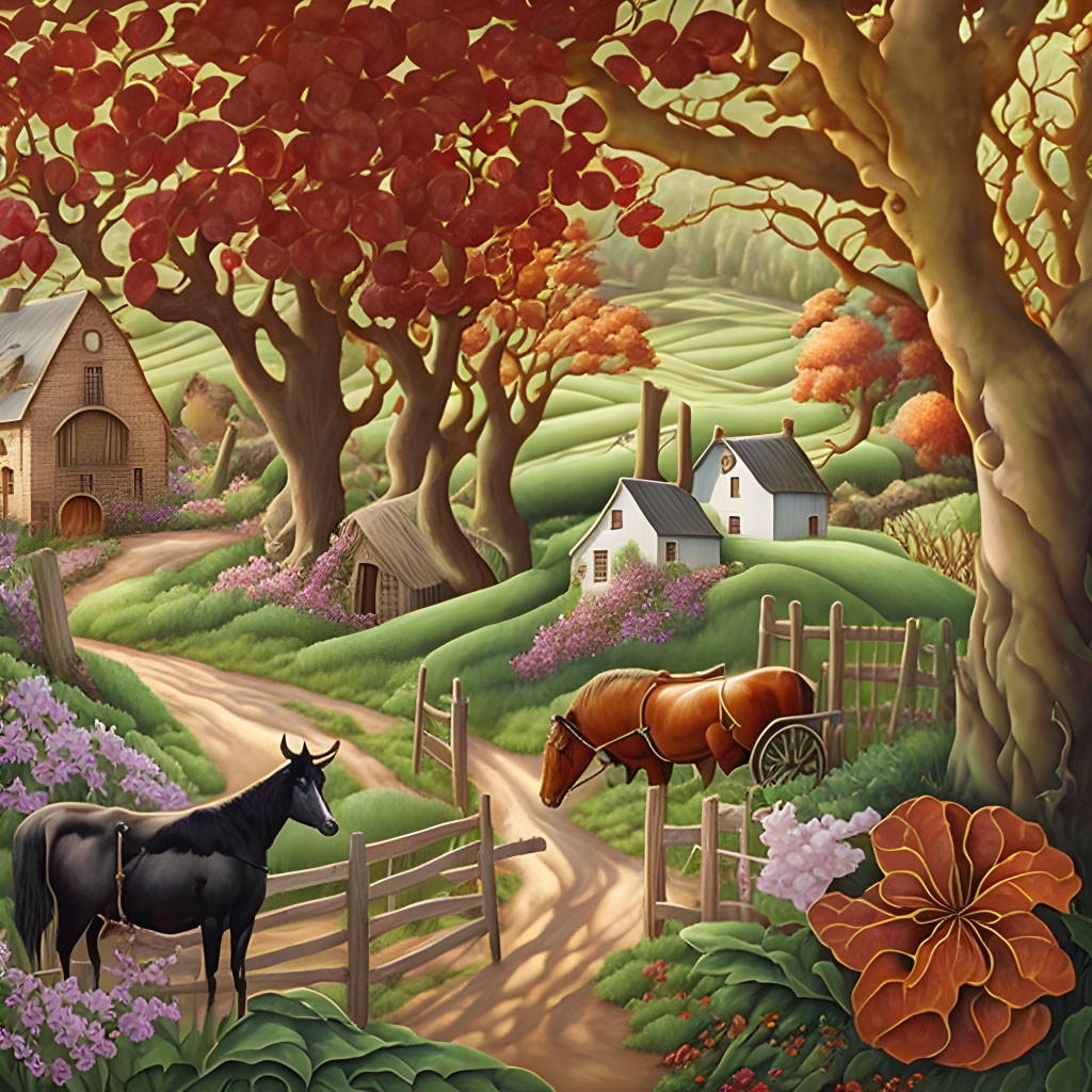 Rural landscape with rolling hills, barn, animals, and vibrant flora