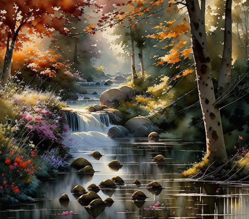 Tranquil forest waterfall scene with autumn colors