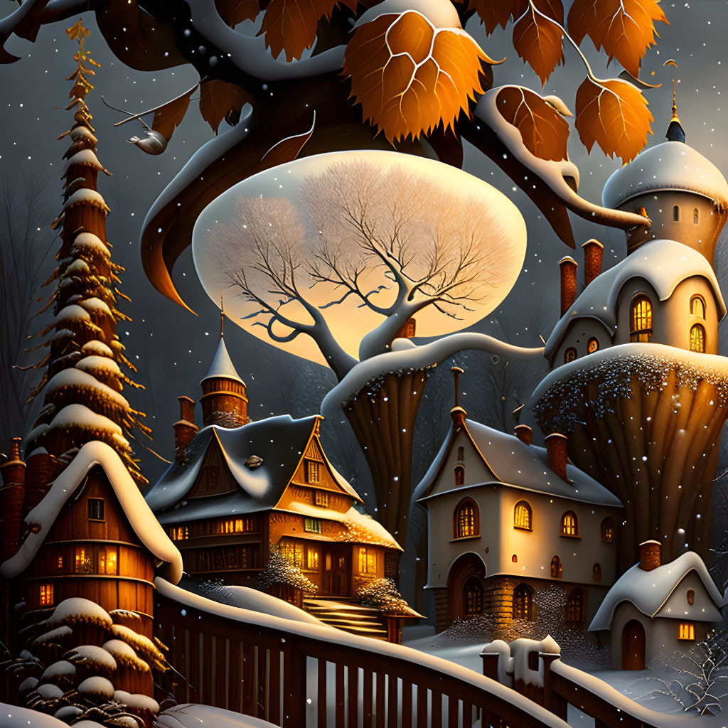 Snow-covered houses, moonlit night, castle, and starry sky in winter scene