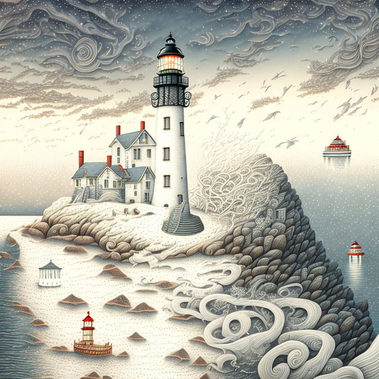 Coastal landscape with lighthouse, waves, clouds, birds, and boats