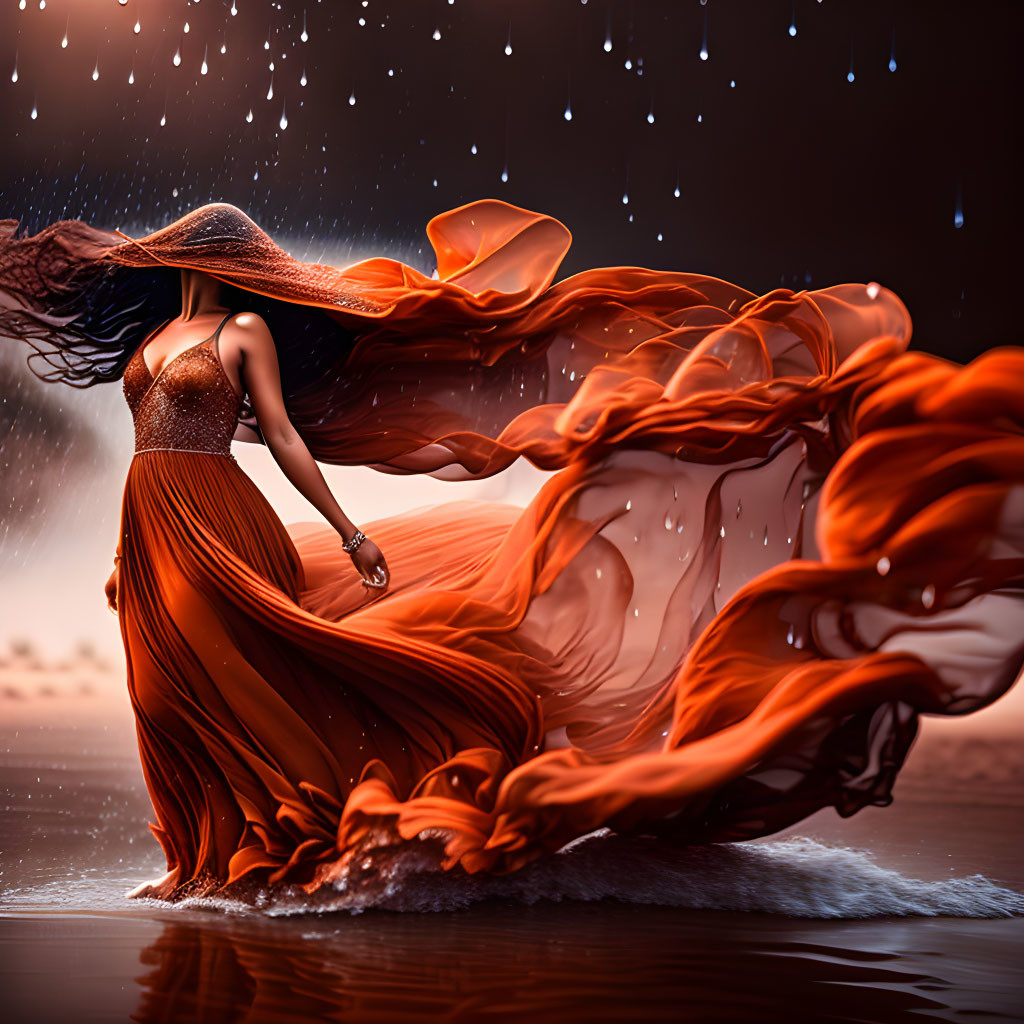 Woman in flowing orange dress by the sea under dusky sky