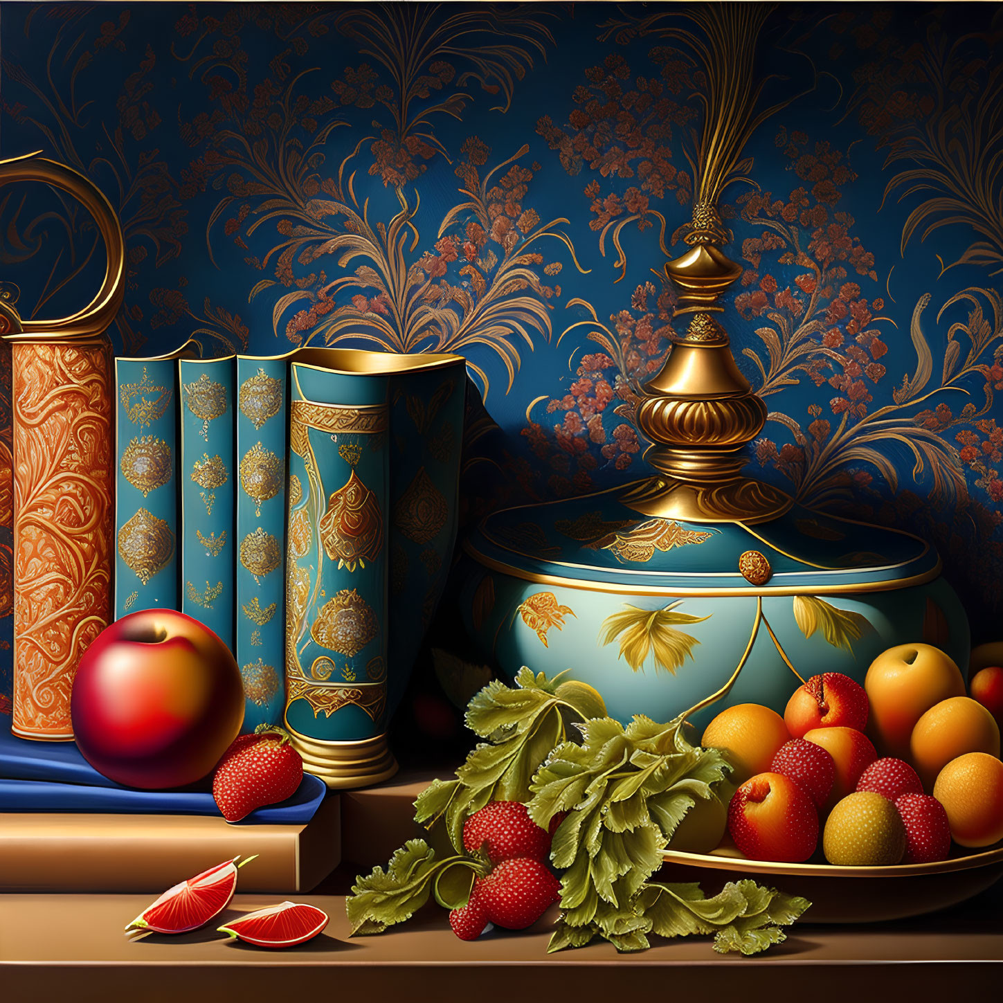 Elegant Still Life with Books, Fruits, and Brass Finial